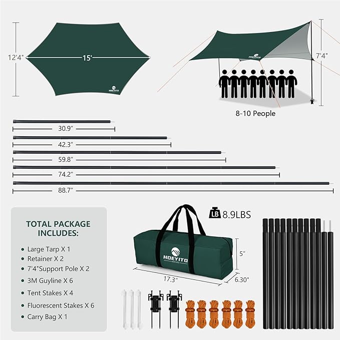 Camping Tarp with Poles & Retainer,15x12.5FT Large Waterproof 210D Oxford Cloth Camping Canopy, Anti-UV UPF100+ Tent Tarp Car Awning for Outdoor, Picnic, Hammock, Car, Backpacking(Green)