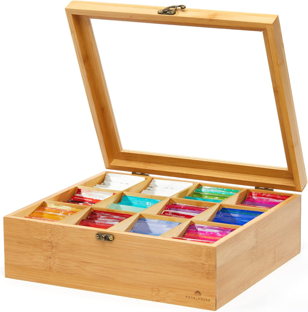 RoyalHouse Big Natural Bamboo Tea Storage Organizer with Clear Acrylic Top Window, 12 Compartments Eco-Friendly Tea Bag Holder, Multi-Functional Storage Box