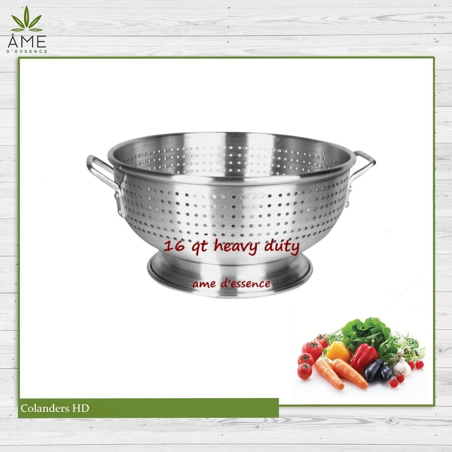 (16-QT) Aluminum Colander with Handles and Base Heavy Duty Commercial Grade