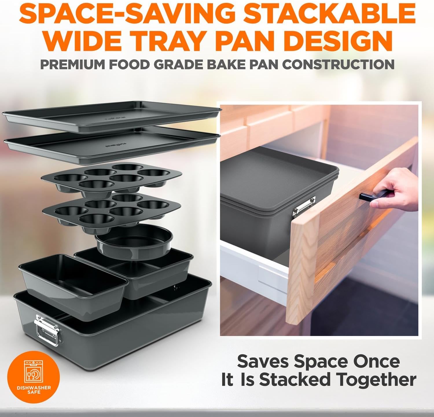 NutriChef 8-Piece Nonstick Stackable Bakeware Set - PFOA, PFOS, PTFE Free Baking Tray Set w/Non-Stick Coating, 450°F Oven Safe, Round Cake, Loaf, Muffin, Wide/Square Pans, Cookie Sheet (Gray)
