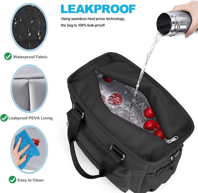 16L Large Lunchbox for Woman, Insulated Lunch Bag Women, Adult Lunch Box for Work, Leakproof, Black