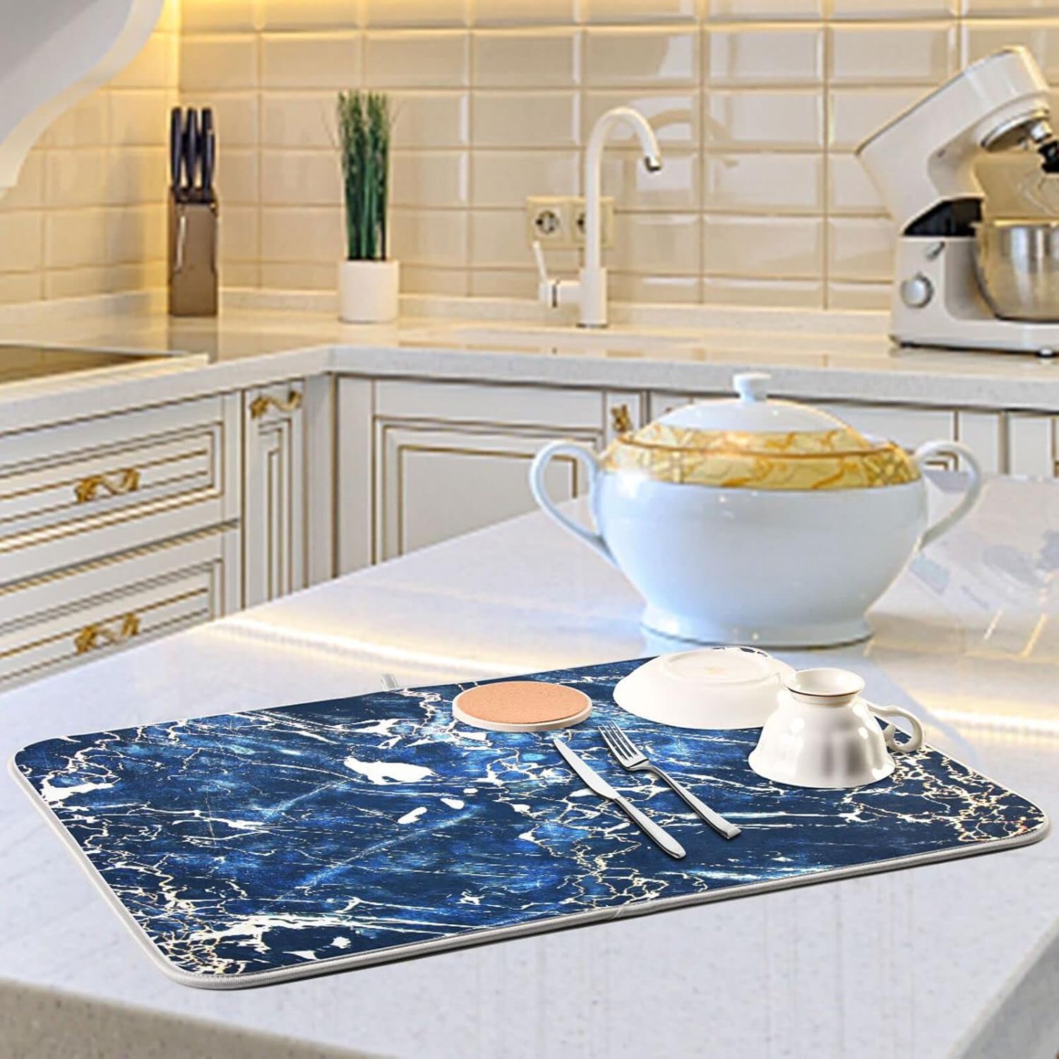 Super Absorbent Dish Drying Mat, Microfiber Fast-Drying Dish Mat, 24" x 18", Kitchen Dish Drying Pad, Marble Black Navy Blue
