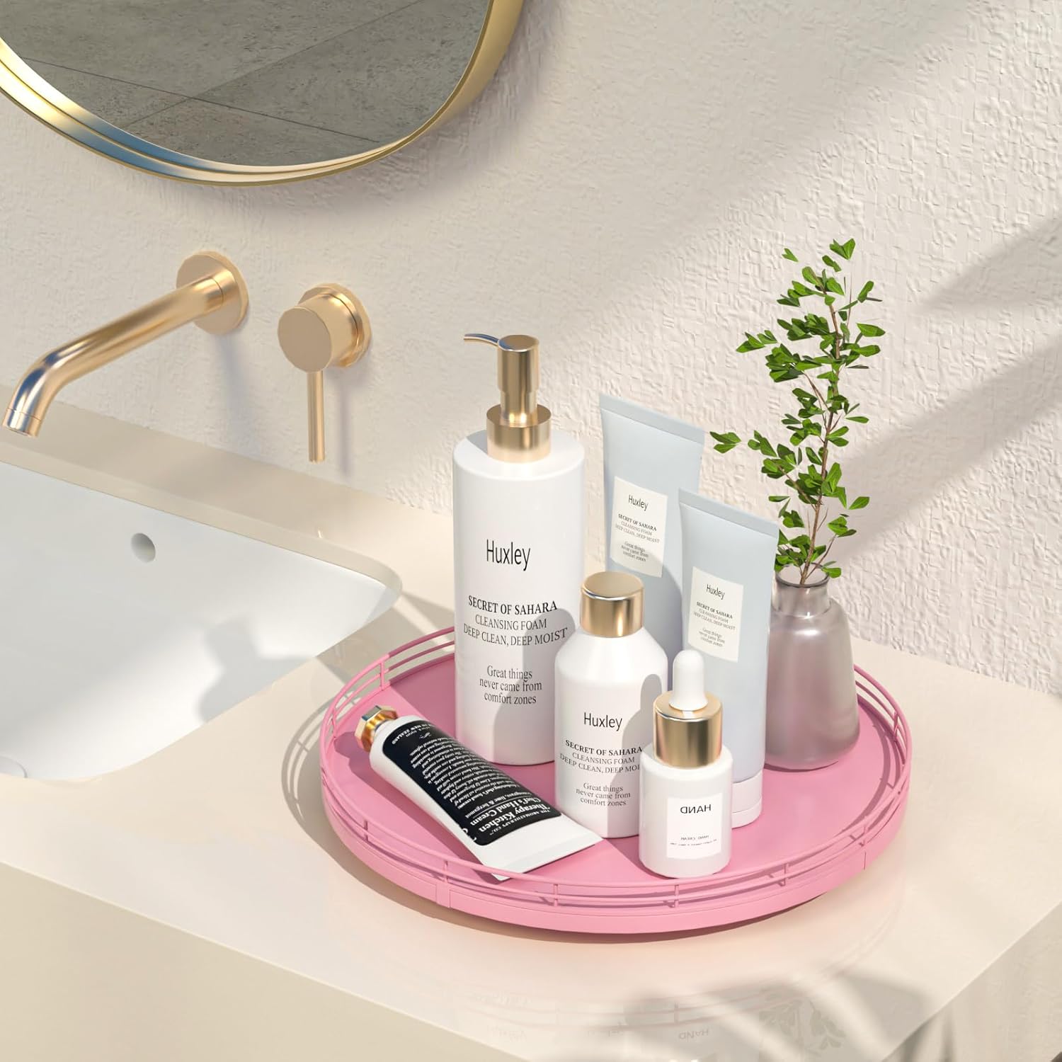 12" Oak Wood Bathroom Tray for Counter, Vanity Tray for Perfume Lotion Candle Makeup Jewelry Sink Soap Holder Turntable Dresser Organizer Countertop Coffee Table Decor Organization and Storage Pink