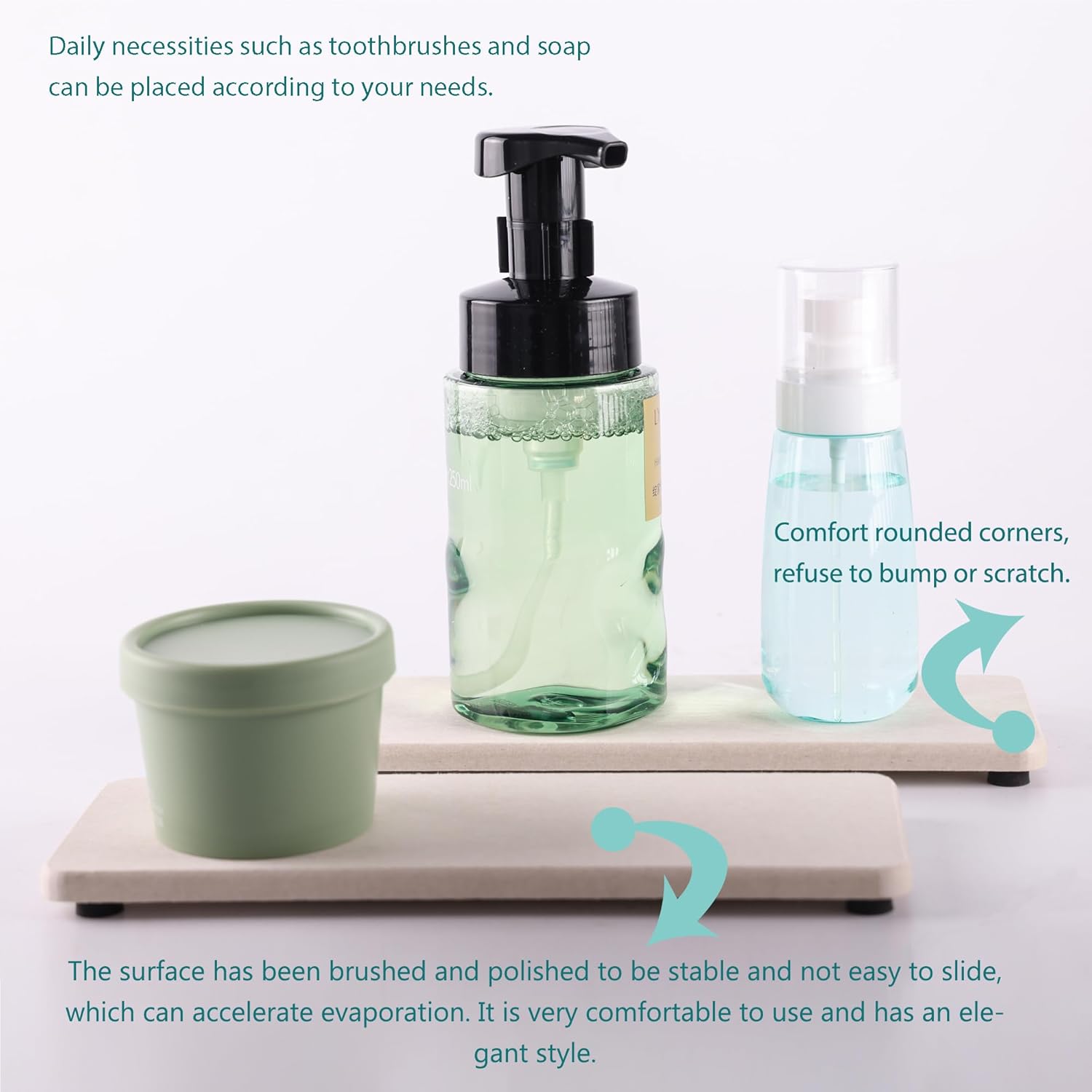 2 Pcs Water Absorbing Stone Trays, Kitchen/Bathroom Sink Soap Dish, Diatomite Tray Used for Hand Soap & Cosmetic Bottles in The Modern Home, 3.15" W x 8.7" L, Light Gray