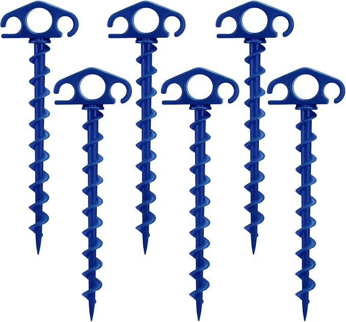 Tent Stakes Sand Stakes for Beach Tent 6 Pack Spiral Anchor Stakes 9.4 Inch Heavy Duty Screw Canopy Stakes for Camping, Hiking and More (6, Blue)