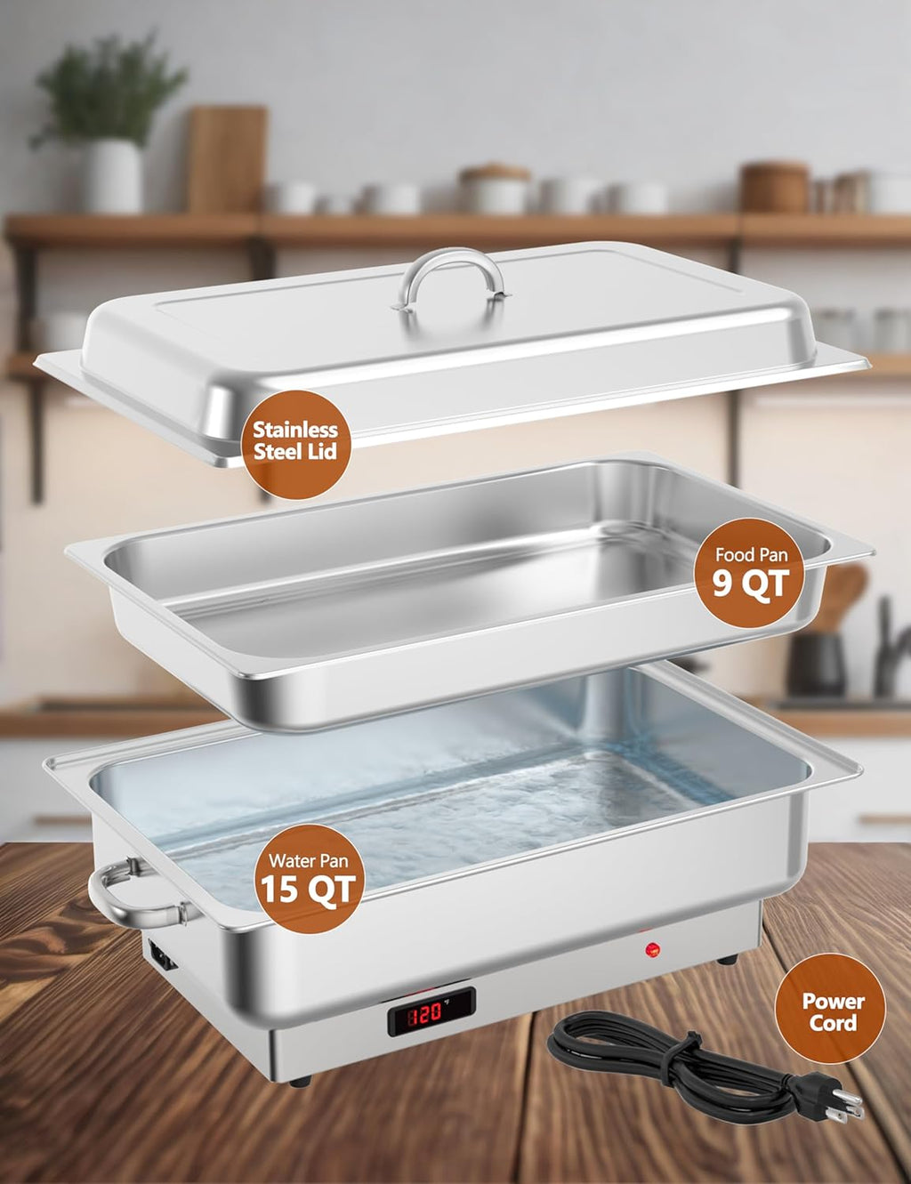 Electric Chafing Dish, 9QT Rectangular Full-Size Buffet Stainless Steel Chafing Dish Set, Commercial Food Warmer with Temperature Control Display for Parties, Catering, Festivals