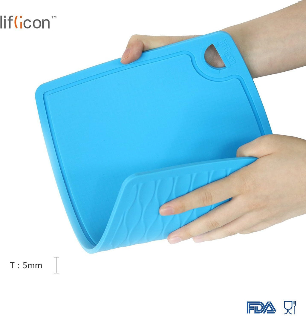 Thick Silicone Cutting Boards for Kitchen Silicone Chopping Boards/Mats Set of 2 Extra Large14.6''x10.43'', Mini 9.1”x7.1” Non-slip Deep Drip Juice Groove, Dishwasher Safe-Blue