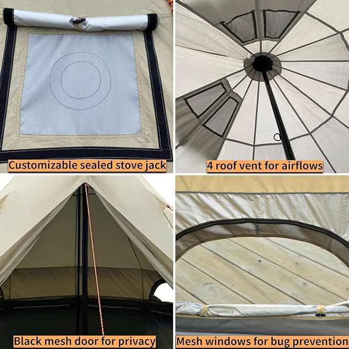 DANCHEL OUTDOOR B2 Waterproof Glamping Yurts for All Year Living with Stove Jack for 4/6 Person, Portable 4 Season Bell Tent for Camping Hot Tent 300D Oxford Nylon Glamping Accessories,13ft/16.4ft