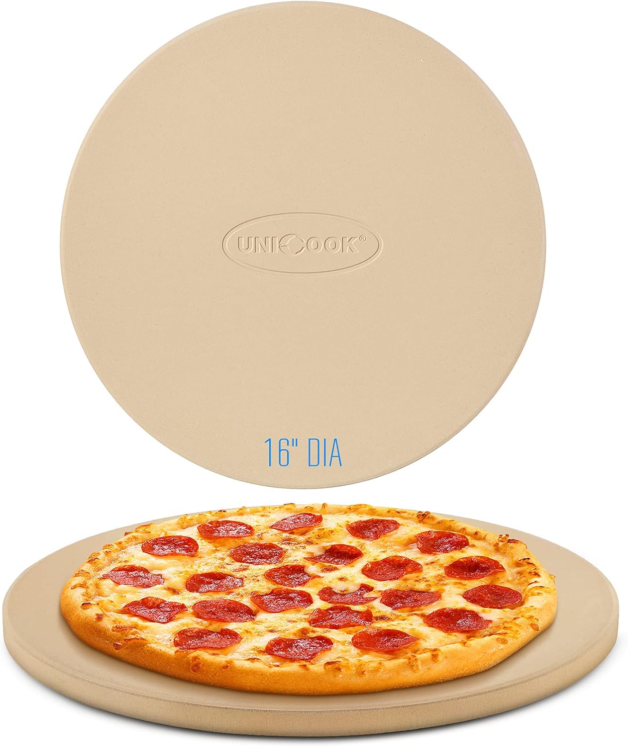 Unicook 16 Inch Round Pizza Stone, Heavy Duty Cordierite Bread Baking Stone for Oven and Grill, Thermal Shock Resistant, Ideal for Baking Crisp Crust Pizza, Bread and More, Includes Scraper