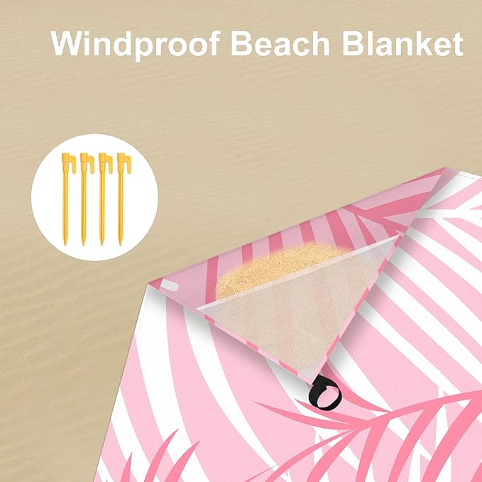 110''×118'' Pink Beach Blanket 2-8 Adults, Large Waterproof Sandproof Beach Mat w/ Stakes & Pockets, Polyester Compact Foldable Sand Free Camping Picnic Blanket for Outdoor, Grass, Park - Palm Leaves