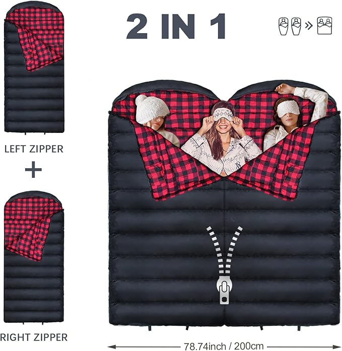 0 Degree Sleeping Bag 100% Cotton Flannel XXL Cold Weather Winter Oversized Sleeping Bag for Adults Camping Zero Degree Big and Tall with Compression Sack