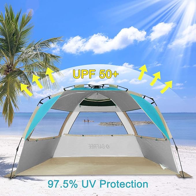 G4Free Easy Set up Beach Tent Deluxe XL, Pop up Sun Shelter for 3-4 Persons with UPF 50+ Protection Beach Shade with Extended Floor