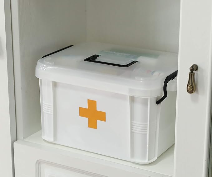 White Large Empty Medical Box for Home Emergency Supplies, Travel, Car, and Dorms – Compact First Aid Box with Handle, Detachable Tray and Locking Lid – Medical Organizer and First Aid Kit Storage