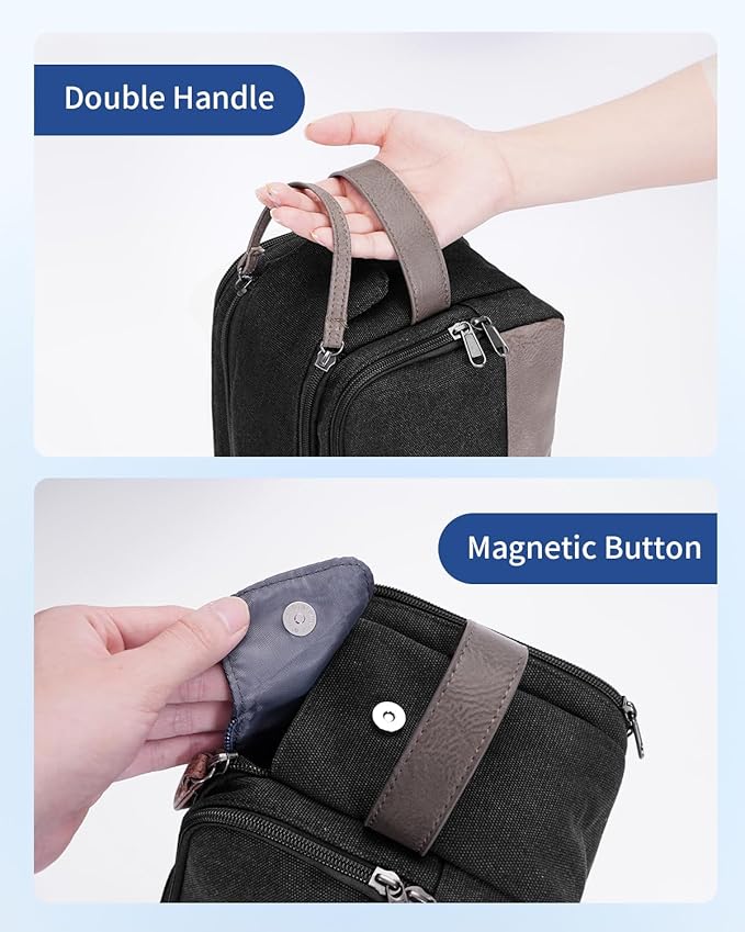 WANDF Toiletry Bag for Men Travel Toiletry Organizer Canvas and Leather Dopp Kit Water-Resistant Shaving Bag for Travel Accessories (Black, Patent Pending)