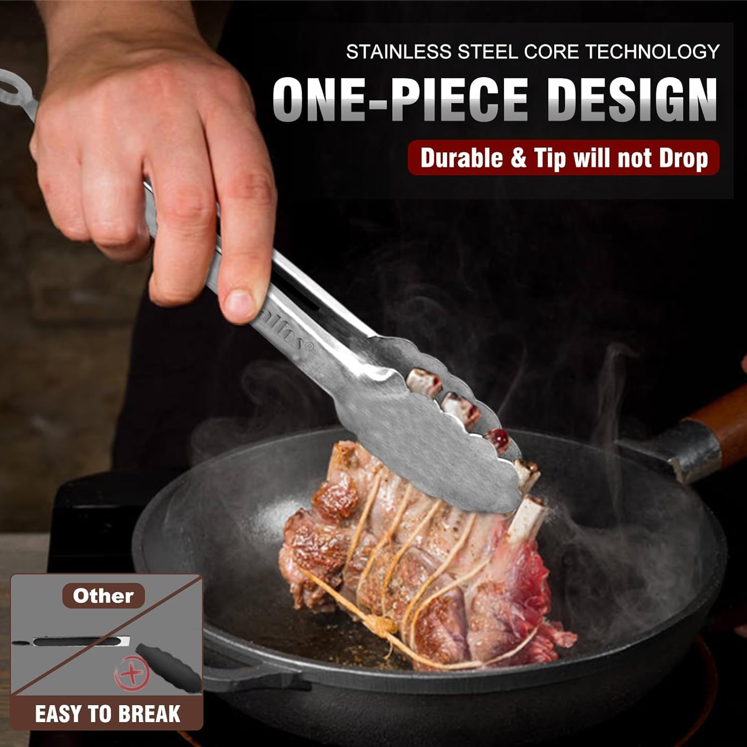 Walfos tongs for cooking, All Metal Kitchen Tongs 600℉ Heat Resistant, Heavy Duty Locking Tongs 2-piece 12 Inch