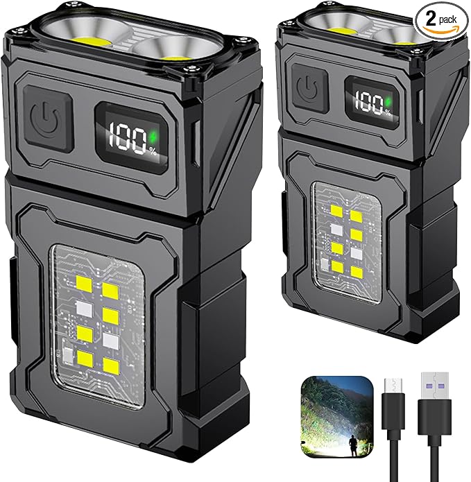 2PCS Mini LED EDC Tactical Flashlight - Multifunctional Outdoor Flashlight for Night Working, Running, Camping, Fishing, Hiking, USB C Charging Warning Flash Light Mobile Phone Emergency Power Bank