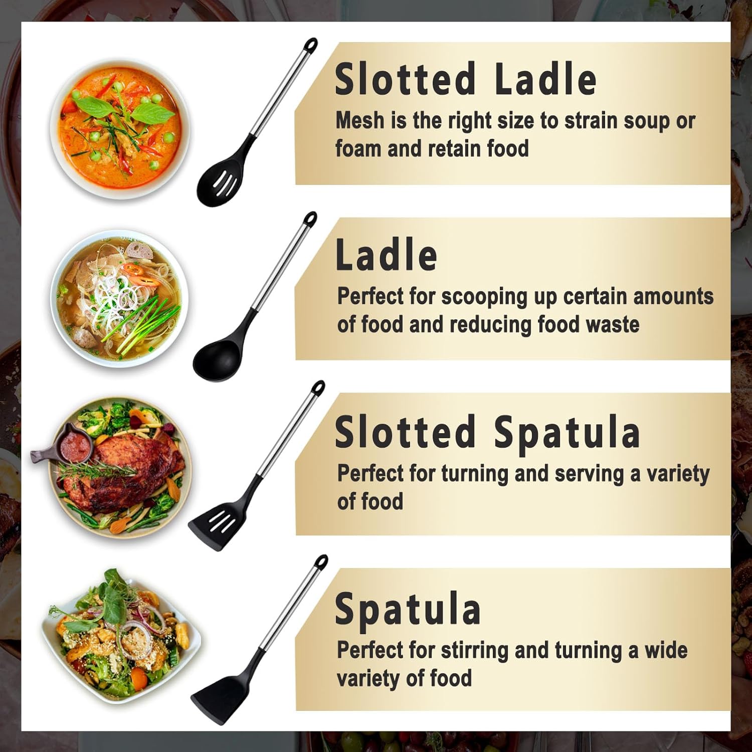 Pleafind 4-Pcs Silicone Cooking Utensils Set, Wok Utensils Set Include Wok Ladle, Slotted Spoon, Solid Spatula and Slotted Spatula, Silicone and Stainless Steel Kitchen Utensils, Dishwasher Safe