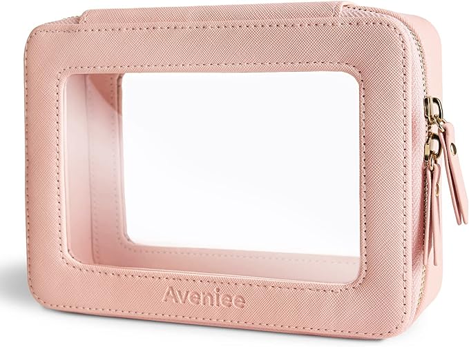 Aveniee Clear Makeup Bag Organizer, Portable Travel Toiletry Cosmetic Bag Case for Women, Heavy Duty Make Up Pouch with Transparent Vinyl Windows & Gold Zippers(Pink)