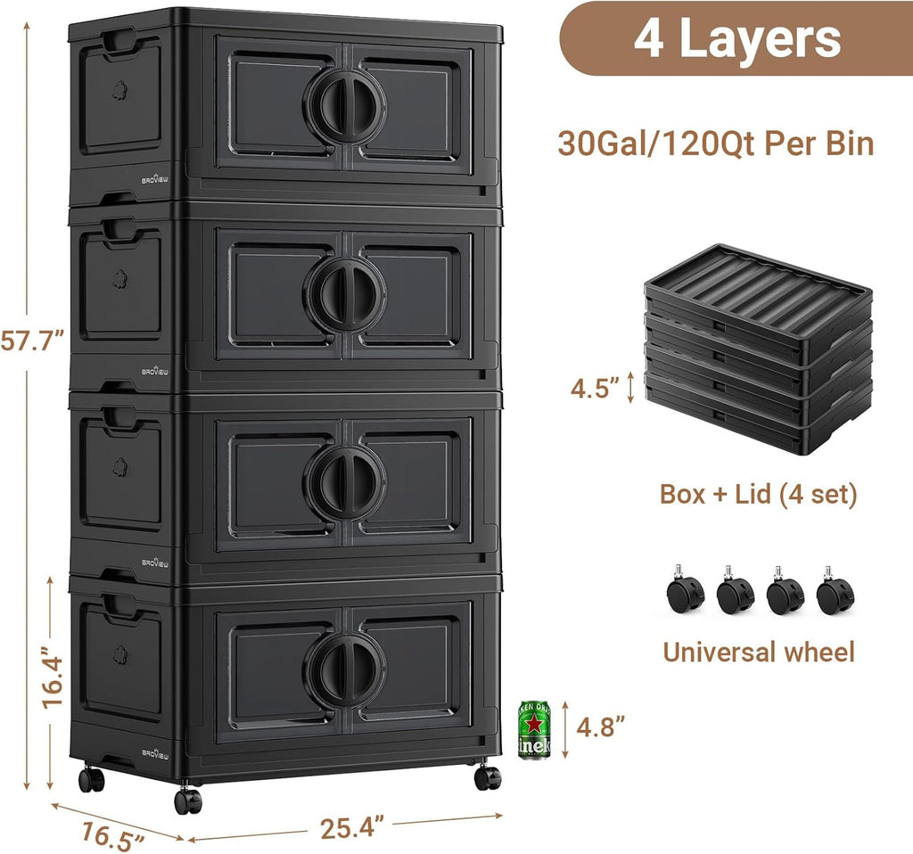 480Qt Lockable Stackable Storage Bins with Lids, Closet Organizers and Storage Drawer, Collapsible Storage Bin with Wheels, Plastic Cabinet for Toy Clothes Dorm Organizer, V9 4 Pack Black
