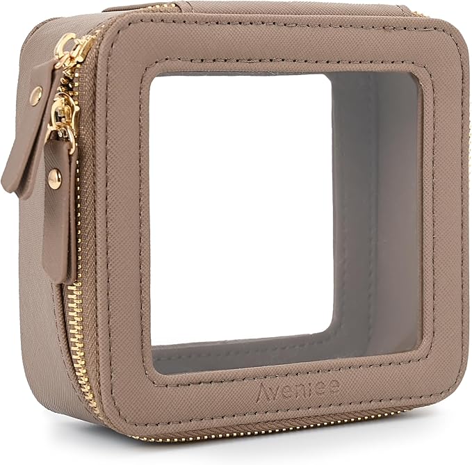 Aveniee Mini Clear Makeup Bag, Small Travel Toiletry Bag Cosmetic Bags TSA Approved, Clear Makeup Case Pouch with Zipper, Car Organizer Essentials for Women Men(Mini-Taupe)