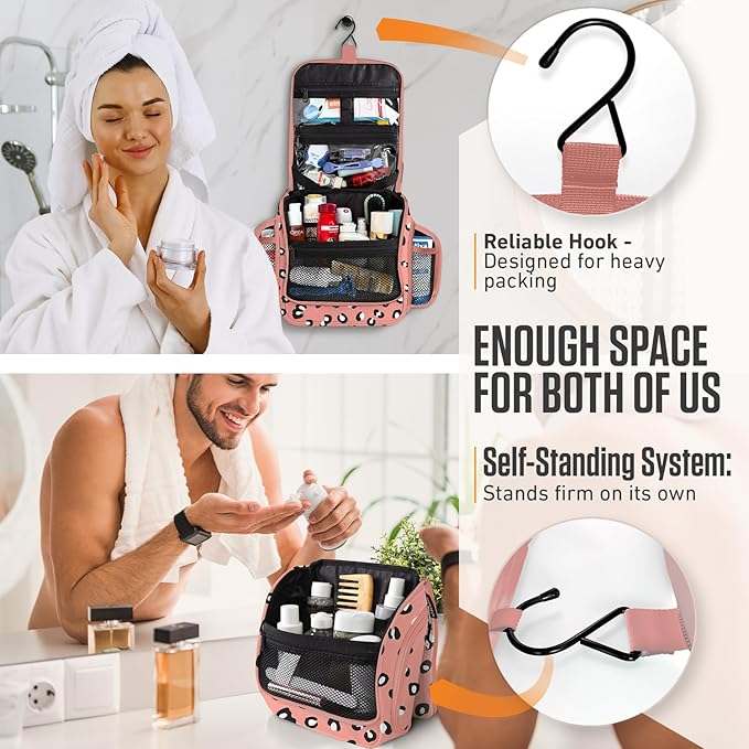 VENTURE 4TH Hanging Travel Toiletry Bag for Women & Men - Travel Organizer with Expandable Compartments & Removable Clear Pouch for Toiletries (Pink Cheetah)