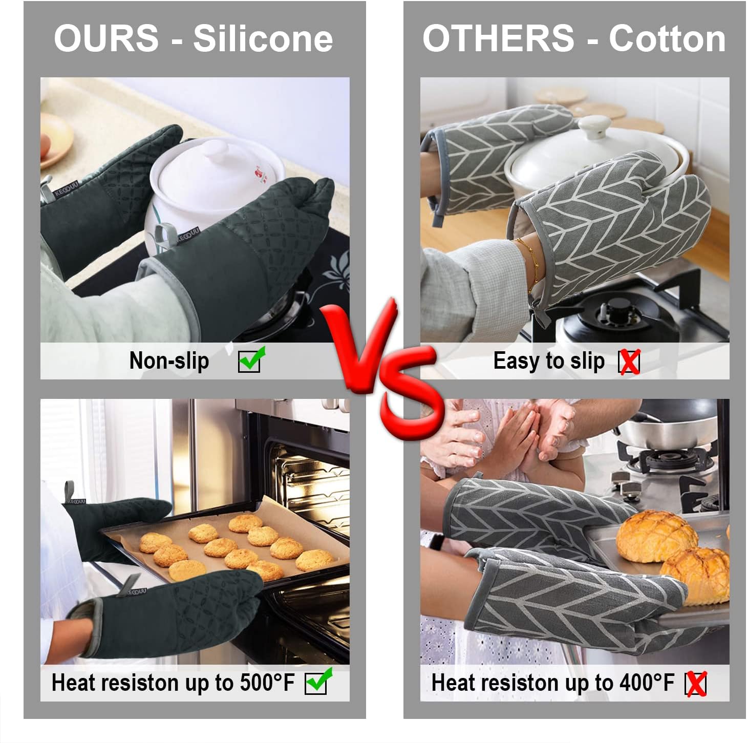 KEGOUU Oven Mitts and Pot Holders 6pcs Set, Kitchen Oven Glove High Heat Resistant 500 Degree Extra Long Oven Mitts and Potholder with Non-Slip Silicone Surface for Cooking (Deep Green)