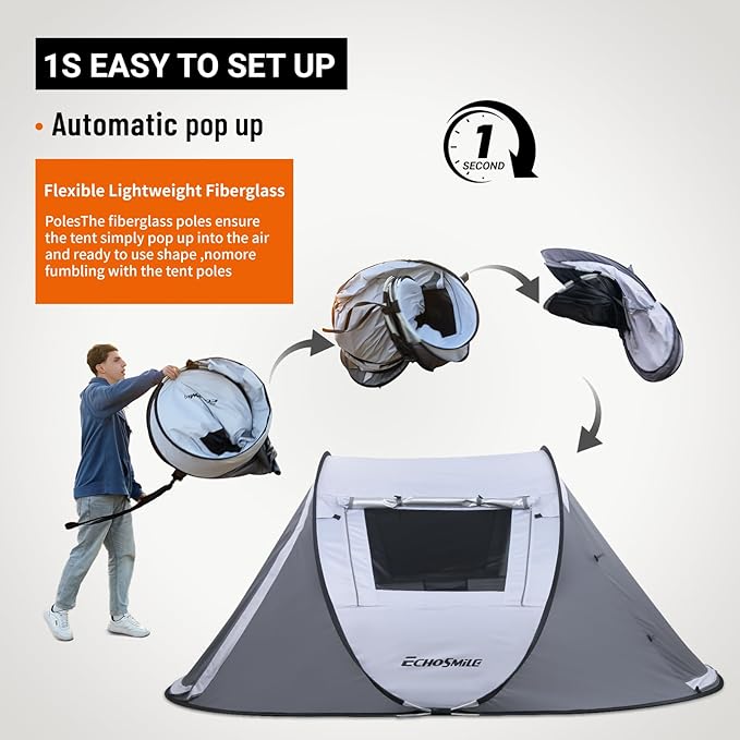 EchoSmile Camping Instant Pop Up Tent, 2/4/6/8/10 Person, Water Resistant Dome, Easy Setup for Camping Hiking and Outdoor, Portable with Carry Bag, 3 Season
