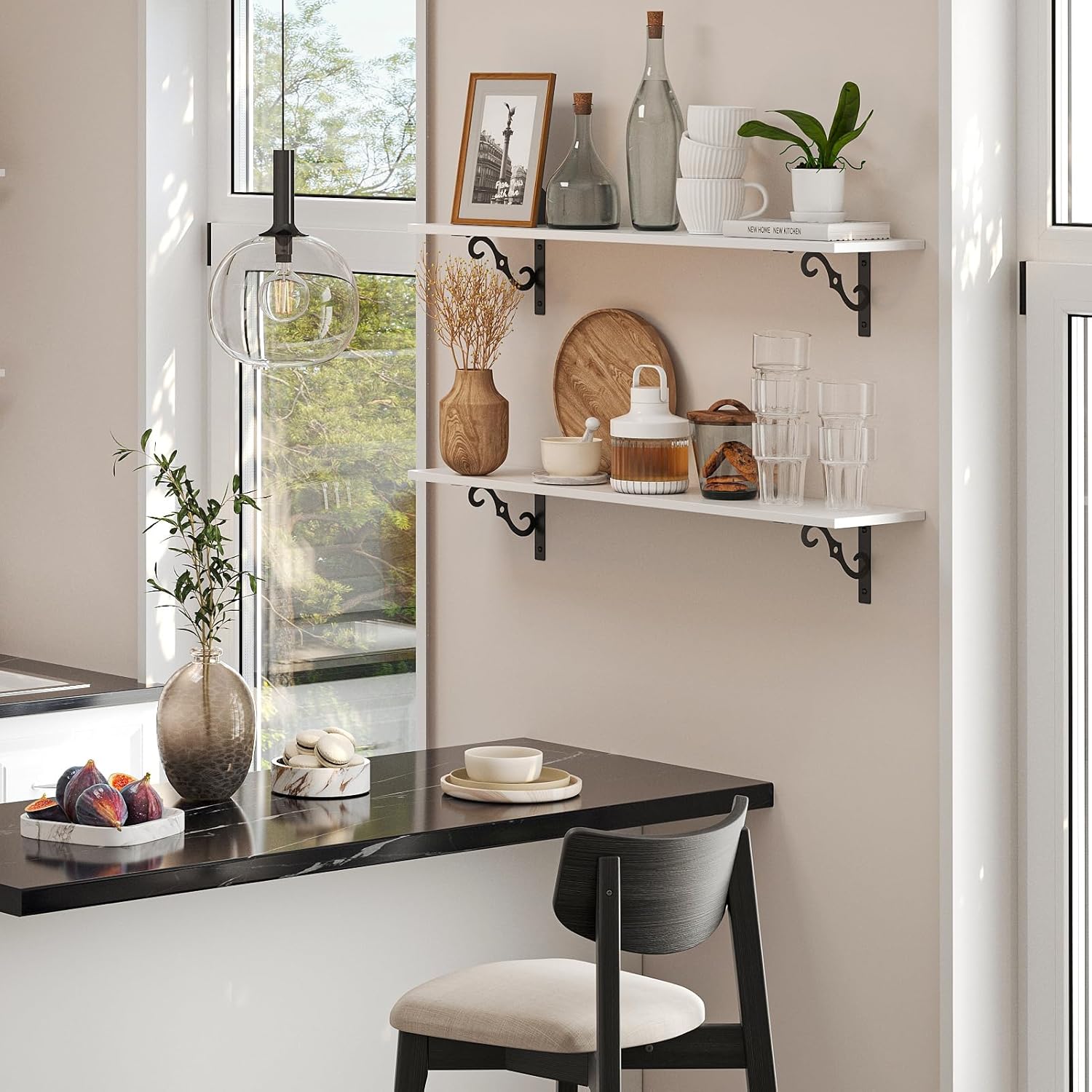 DINZI LVJ Long Wall Shelves, 23.6 Inch Large Floating Shelves Set of 2, Wide Display Shelf Wall Mounted with Brackets, Easy Hanging for Living Room, Toilet, Office, Bedroom, White