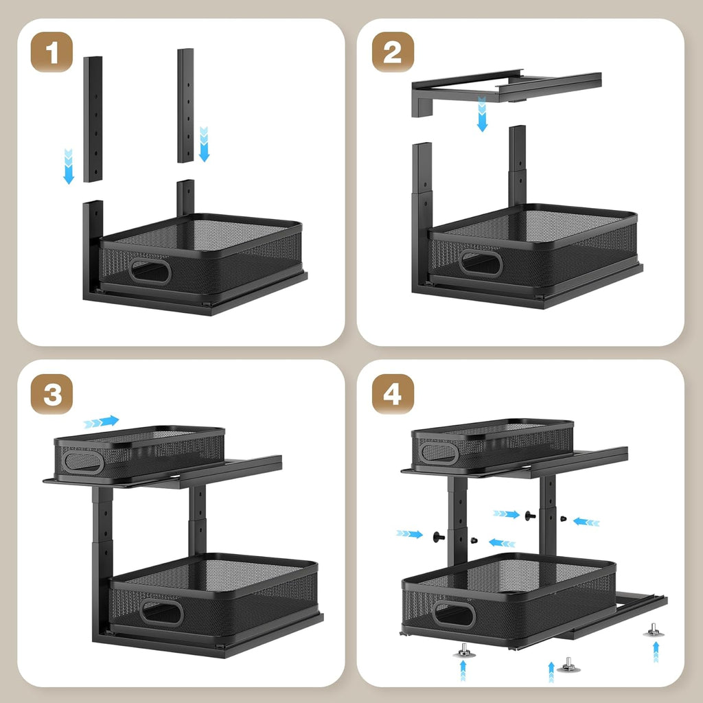 2 Pack Under Sink Organizer With Next-Gen Ball-Bearing Slides,2-Tier Precision Mesh Pull Out Cabinet Shelf Storage for Bathroom&Kitchen,Slide Out Drawers Height Adjustable,Rust-resistant
