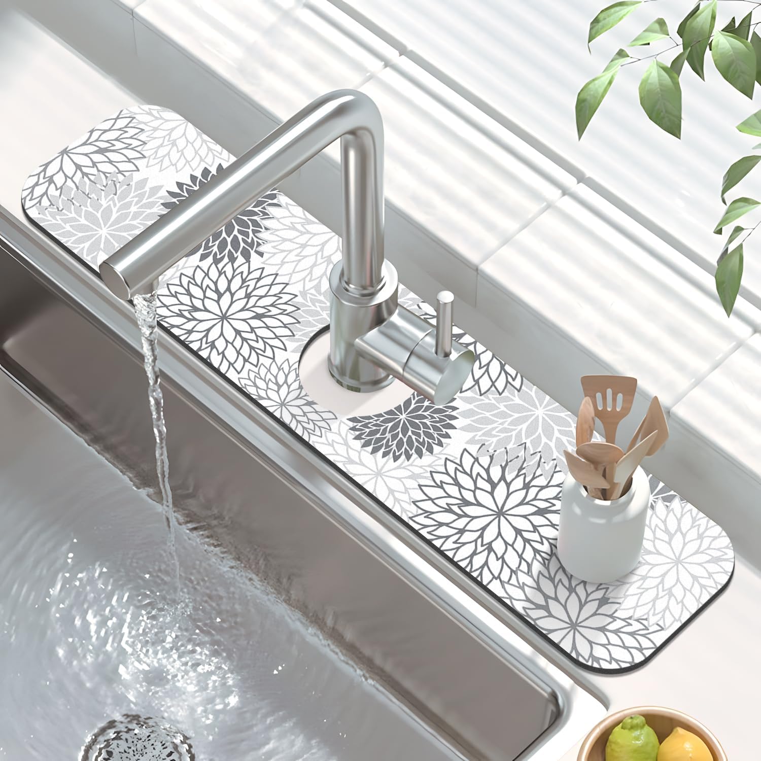 Findosom 2PCS 12" x 20" Dish Drying Mat & 24" x 5.5" Sink Splash Guard, Super Absorbent & Cuttable Dish Mat Drying Kitchen Mat with Gray Floral, Hide Stain Drying Mat for Kitchen Counter