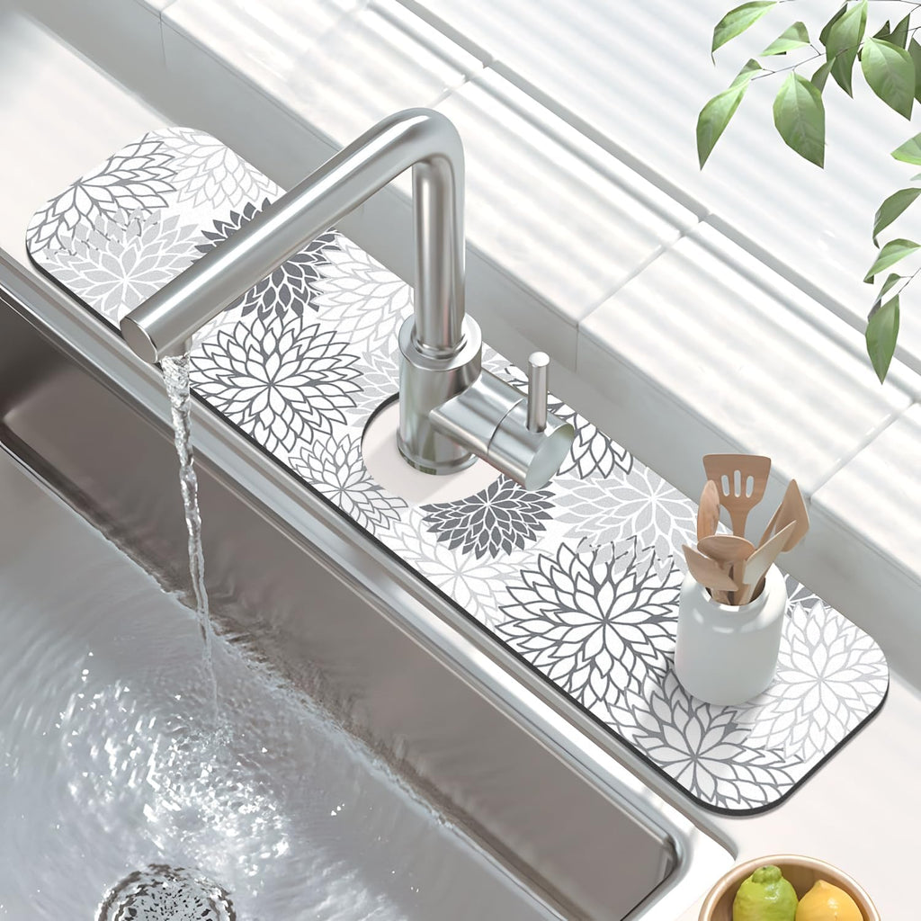 Findosom 2PCS 16" x 24" Dish Drying Mat & 24" x 5.5" Sink Splash Guard, Super Absorbent & Cuttable Dish Mat Drying Kitchen Mat with Gray Floral, Hide Stain Drying Mat for Kitchen Counter