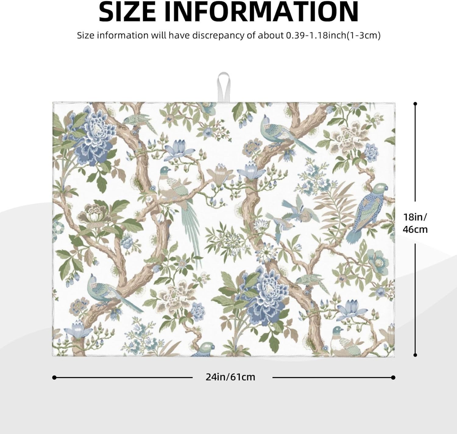 Floral Bidrs Dish Drying Mat 18x24 for Kitchen Counter, Blue Green Chinoiserie Decorative Absorbent Coffee Mat Dish Drying Pad Coffee Bar Dish Drainer Rack Mat Drainer Mat