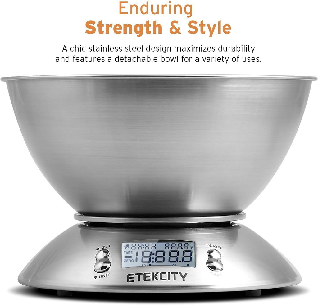 Etekcity Food Kitchen Scale with Bowl, Digital Weight Scale for Food Ounces and Grams, Cooking and Baking, Timer, and Temperature Sensor, 2.06 QT, Stainless Steel