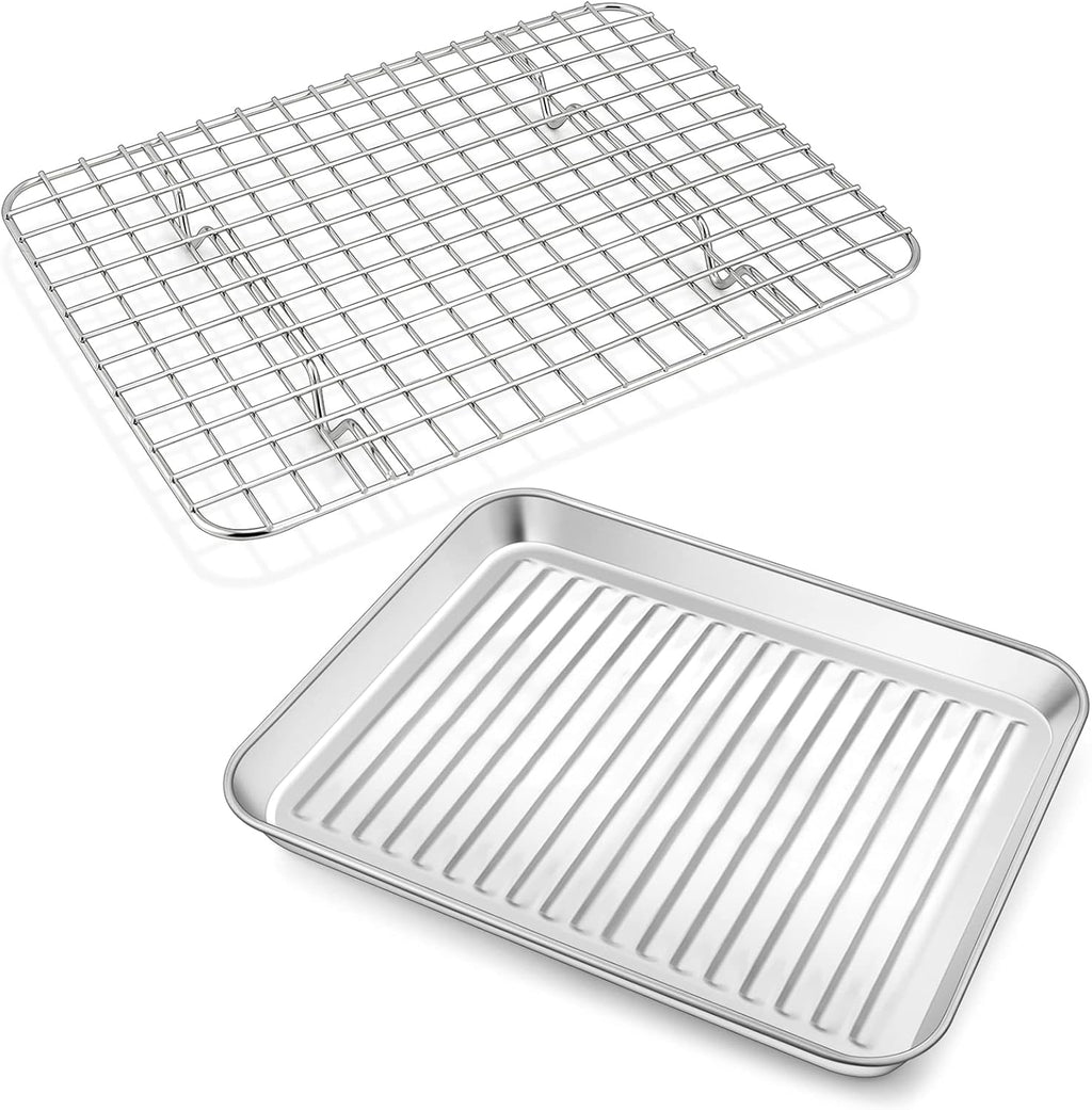 P&P CHEF Toaster Oven Pan with Wire Rack, Stainless Steel Baking Oven Sheet Tray, Bacon Pan and Cooling Rack for Cooking Roasting Cookie, Dishwasher Safe & Easy Clean, 9 x 7 x 1 Inch
