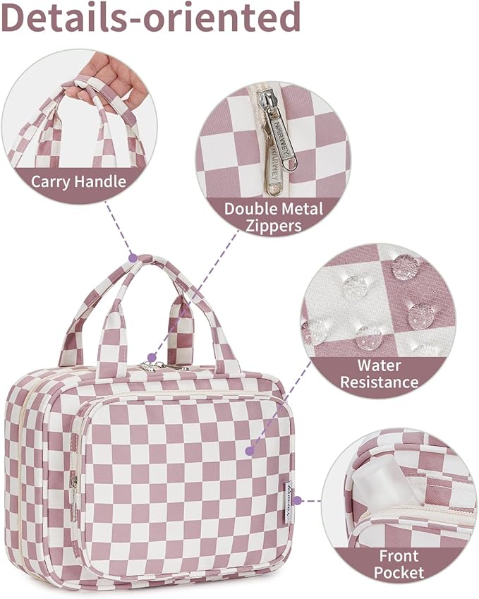 Narwey Travel Toiletry Bag for Women Large Hanging Makeup Bag Organizer Toiletries Bag for Full Size Essentials Accessories Cosmetics (Dusty Rose Checkerboard (Large))