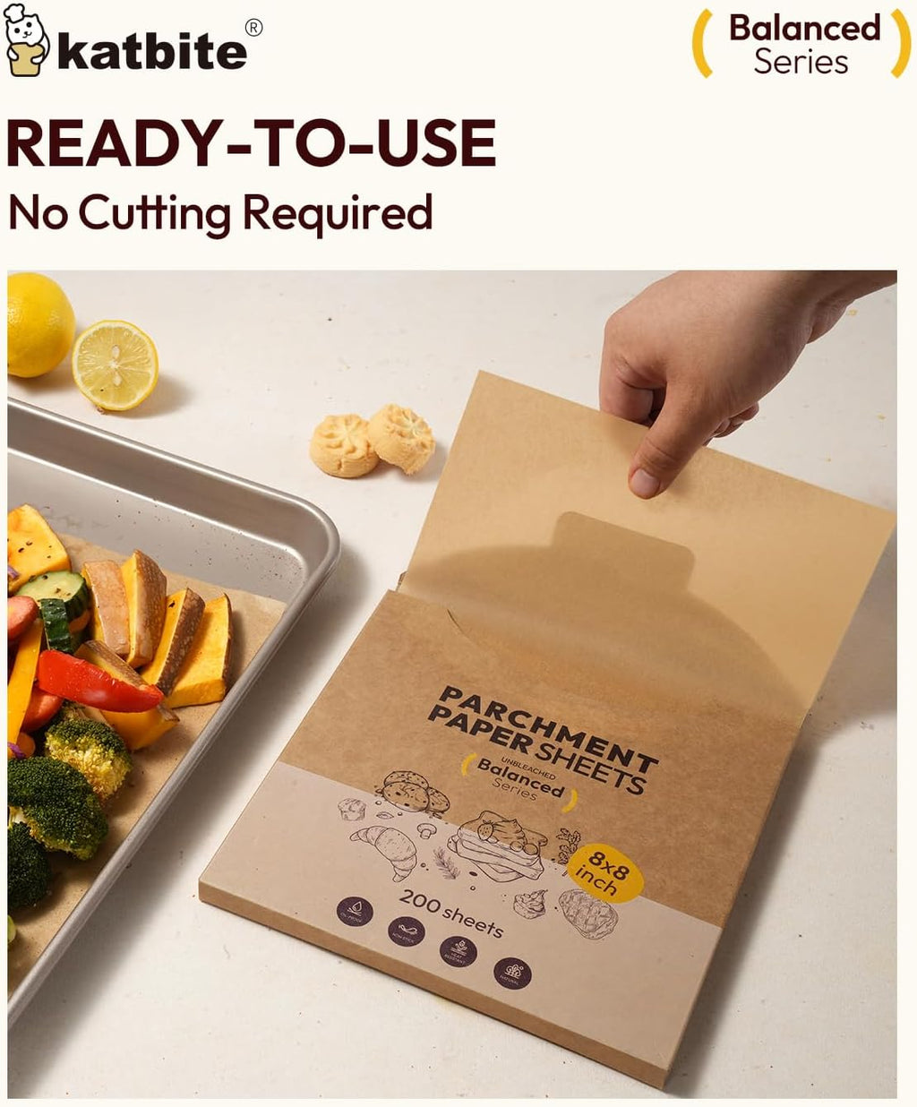 Katbite 200 Pcs Parchment Paper, 8 x 8 Inch Unbleached Baking Paper, Oil Resistant & Easy Clean, Non-Stick Precut Parchment Paper Sheets for Baking Square, Cooking, Air Fryer [Balance Series]