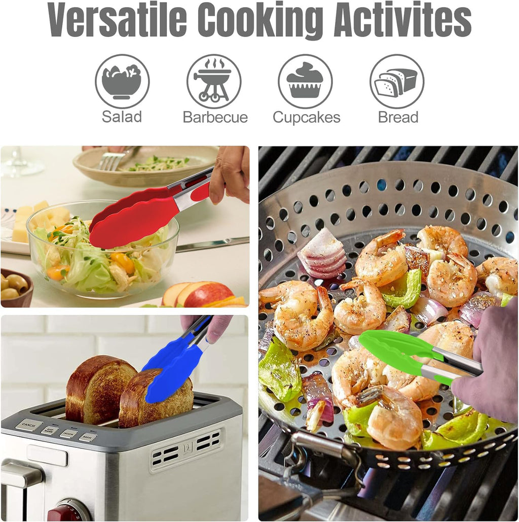 Hotec Silicone Kitchen Tongs for Cooking 9-Inch Serving Tongs with Silicone Tips, Set of 3 (Red Blue Green)