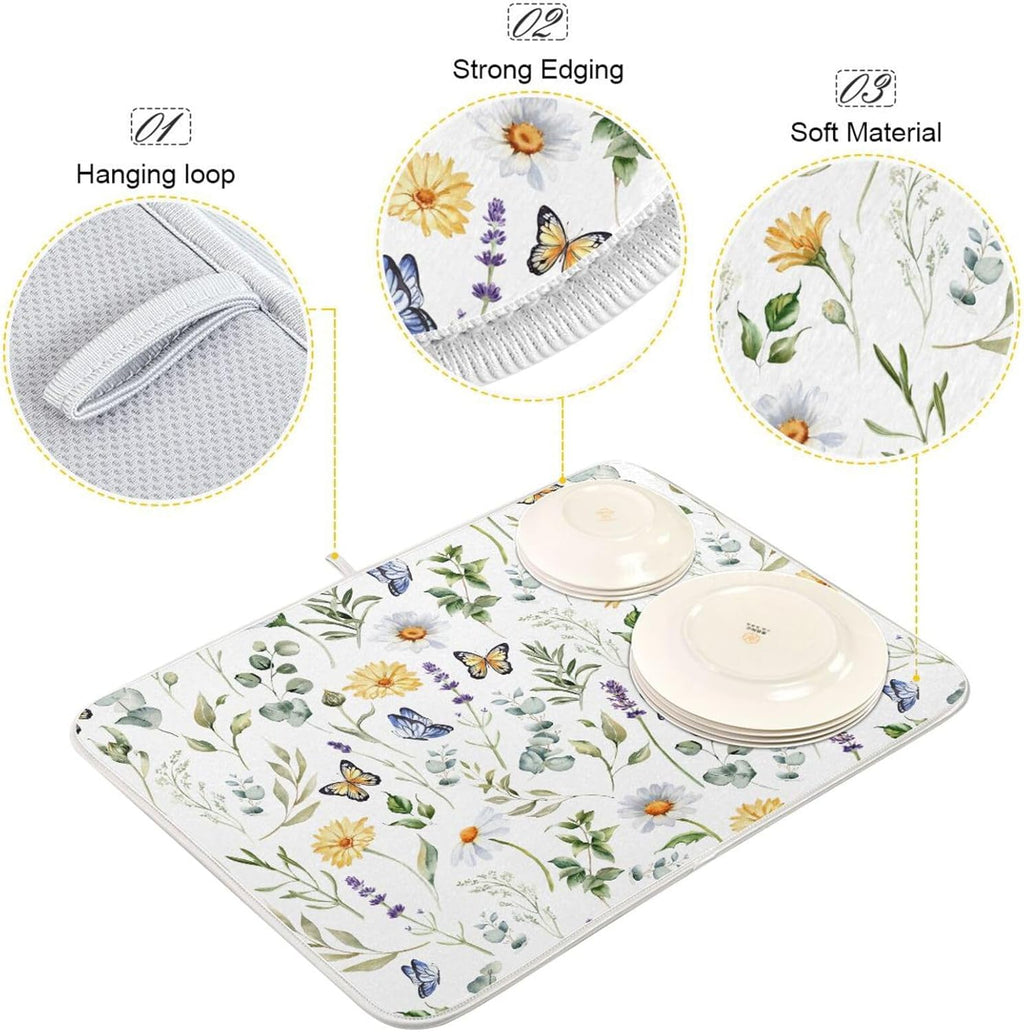 Wildflowers Butterflies Botanical Leaves Dish Drying Mat for Kitchen Counter Absorbent Microfiber Drying Pad, Large 18x24 in, Reversible Drainer Mats