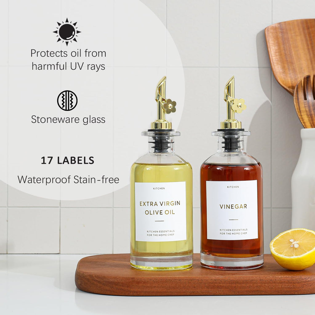 HOMCDALY Olive Oil Dispenser for Kitchen, 11.8oz Glass Dispenser Bottles with Pourer for Kitchen, Oil and Vinegar Dispensers Set, Leakproof Oil Bottle for Cooking| Set of 2 (11.8oz)