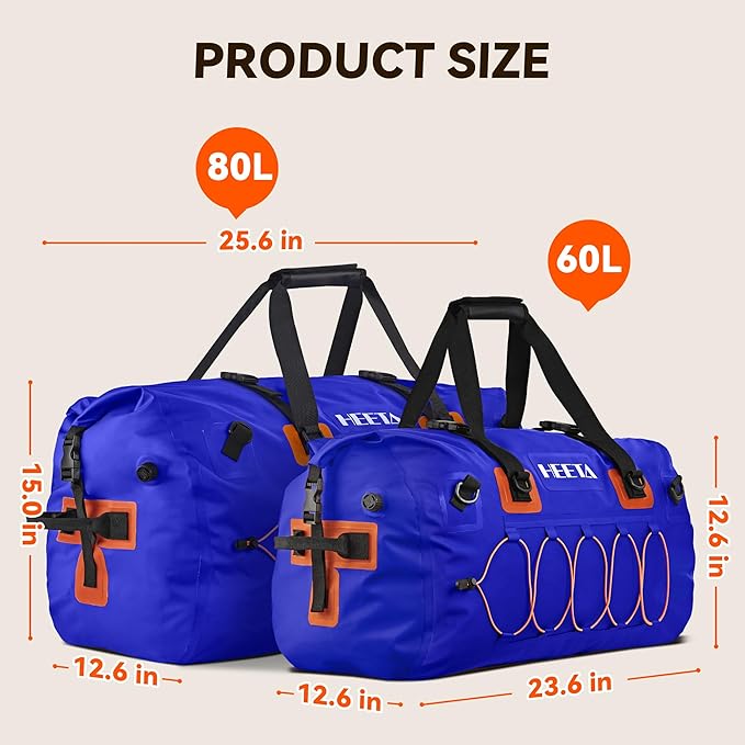 HEETA Waterproof Duffel Bag Motorcycle Dry Bag Backpack, Extra Large Rolltop Travel Duffle Bags with Straps & Handles for Kayaking Rafting Boating Canoeing Camping Gym Beach (Blue, 60L)