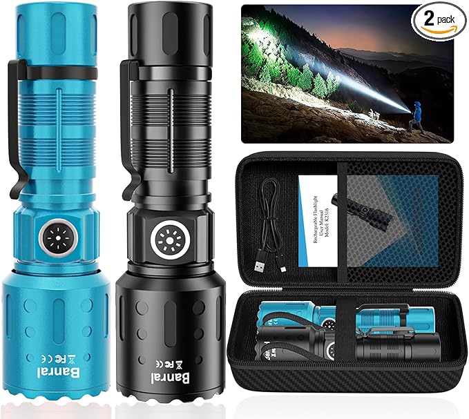 Flashlights High Lumens Rechargeable, 20000 Lumens Super Bright 1500 Meters Long Range Small Powerful Flashlight, 6 Modes LED Tactical Pocket Waterproof Flash Light for Camping (2, Black/Turquoise)