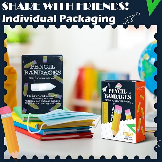 Geiserailie 60 Pcs Back to School Pencil Kids Bandages with Gift Box Self Adhesive Pencil Bandages for Minor Cuts Scrapes Fun First Aid Kit Graduation Gift First Day of School Classroom Party Supplies