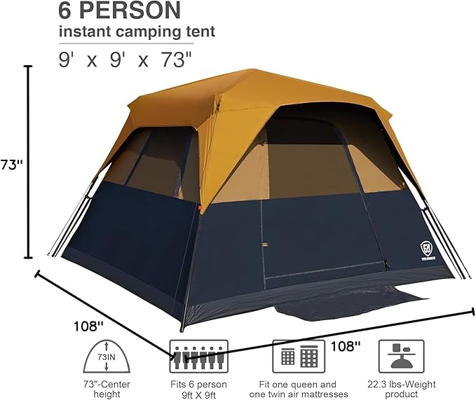EVER ADVANCED 6 Person Blackout Camping Tent Instant Cabin Tents for Family with Rainfly, 60s Easy Setup, Water-Resistant