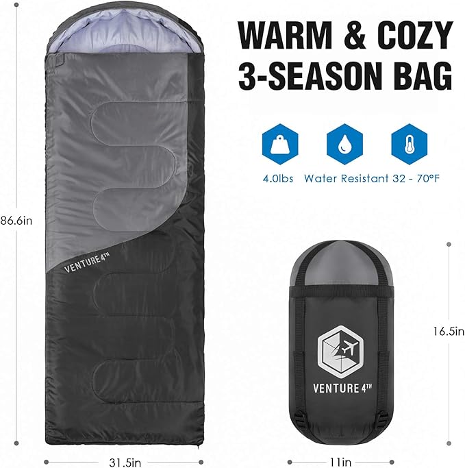 VENTURE 4TH Backpacking Sleeping Bag – XXL, Double and Single Sizes - Lightweight Warm & Cold Weather Sleeping Bags for Adults, Kids & Couples – Ideal for Hiking, Camping & Outdoor Adventures