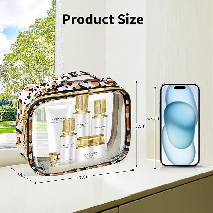TSA Approved Travel Toiletry Bag,4 Pack Clear Makeup Bags with Handles,Quart Size Clear Cosmetic Bags for Traveling Women,Men,Carry on Airport Airline Compliant Bag,Leopard