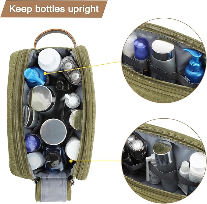 BAGSMART Toiletry Bag for Men, Canvas Travel Toiletry Organizer Dopp Kit Water-resistant Shaving Bag for Toiletries Accessories (Green, Medium)