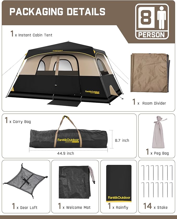 FanttikOutdoor Camping Tent 4/6/8/10 Person Instant Cabin Tent Setup in 60 Seconds with Rainfly & Windproof Portable with Carry Bag for Family Camping & Hiking