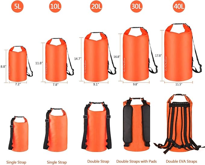 OMGear Waterproof Dry Bag Backpack Phone Pouch 40L/30L/20L/10L/5L Floating Dry Sack for Kayaking Boating Outdoors Activities