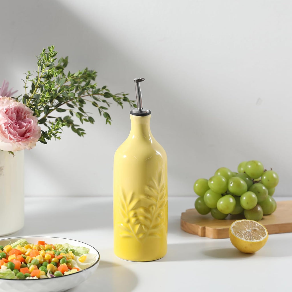 Sweejar Ceramic Olive Oil Dispenser Bottle, 20 Oz Relief Opaque Oil Cruet Protects To Reduce Oxidation, Suitable for Storage Soy Sauce, Coffee Syrup, Liquids, Set of 1 (Gradient Yellow)