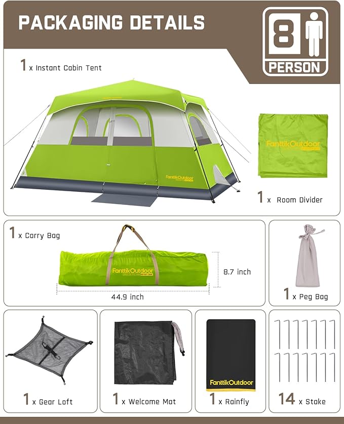 FanttikOutdoor Camping Tent 4/6/8/10 Person Instant Cabin Tent Setup in 60 Seconds with Rainfly & Windproof Portable with Carry Bag for Family Camping & Hiking